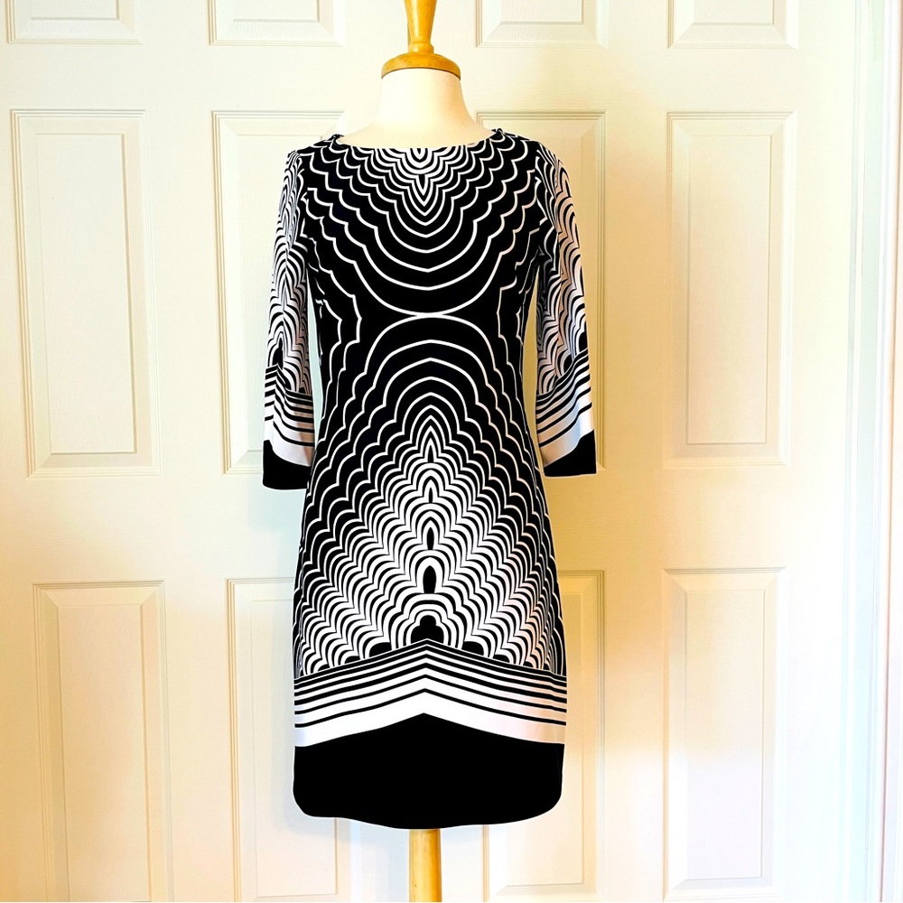 Nine West Black and White Sheath Dress 3/4 Sleeve Crew Neck